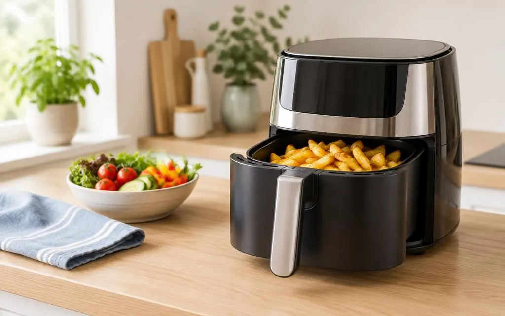 Black and stainless steel air fryer with the basket open showing chips, on a light oak kitchen worktop
