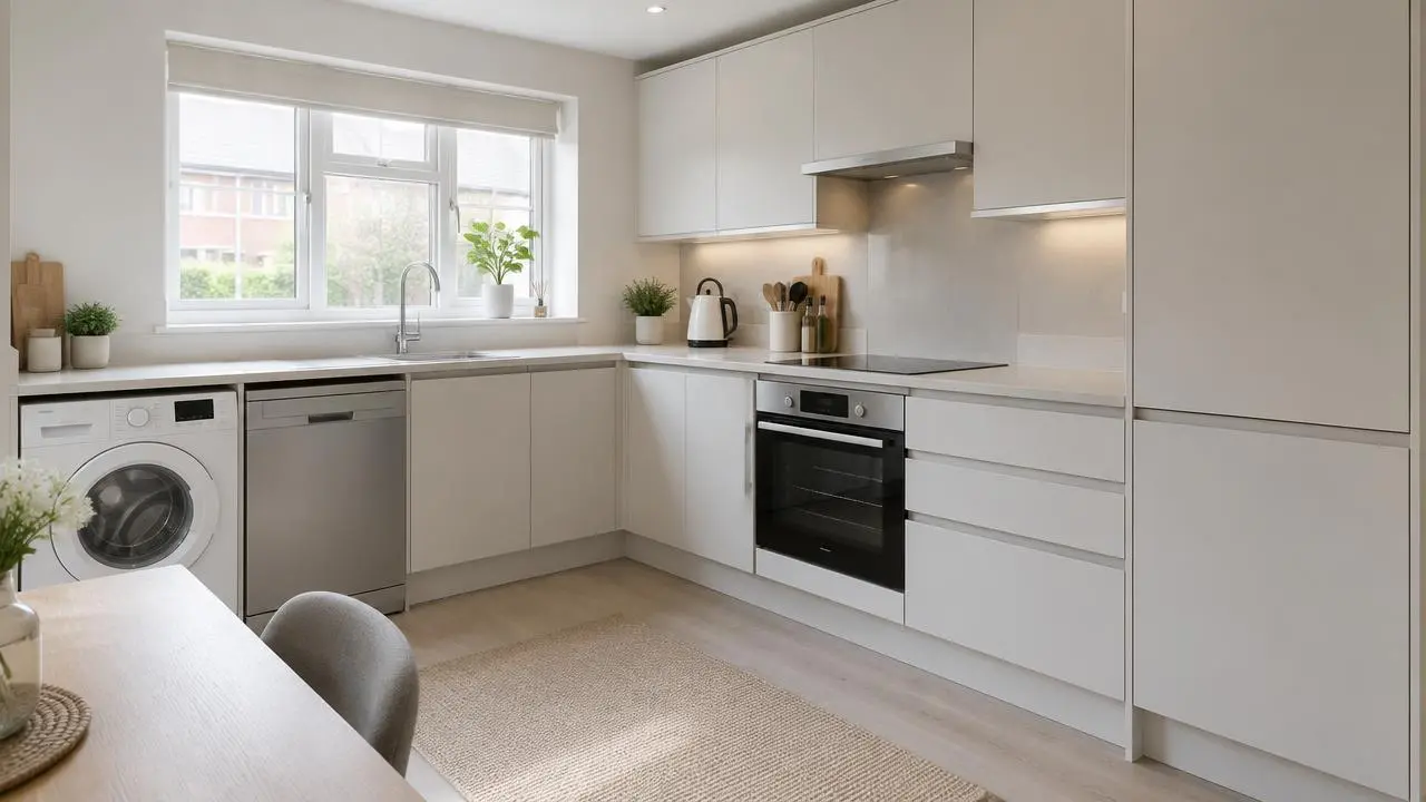 Modern kitchen with washing machine, dishwasher, oven and kettle