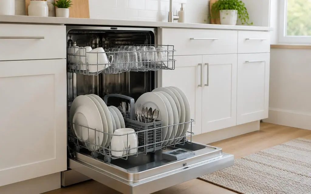 Open dishwasher loaded with clean white plates