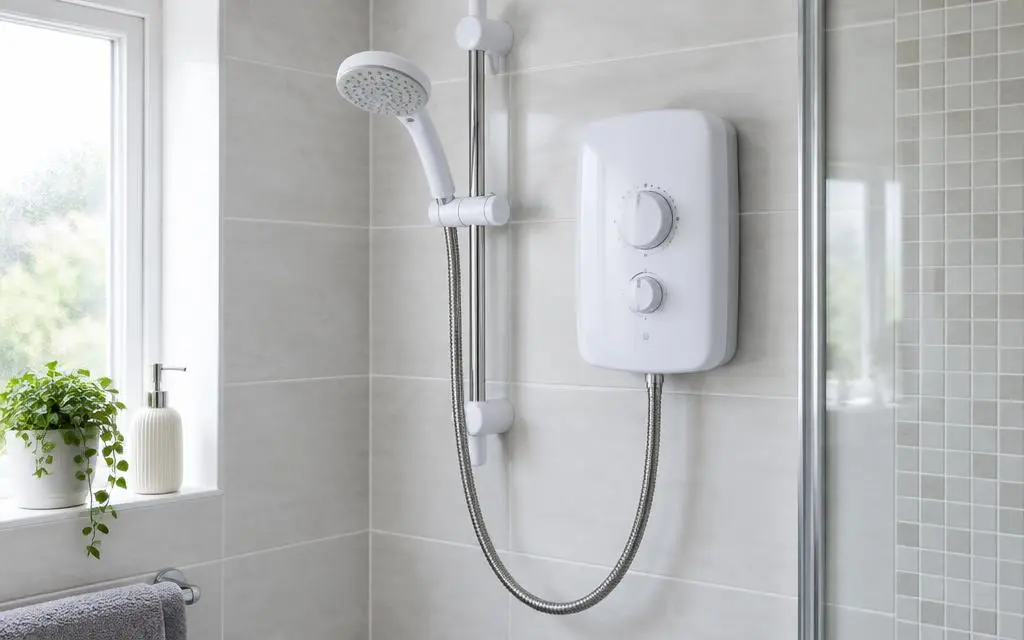 White electric shower unit on a tiled bathroom wall