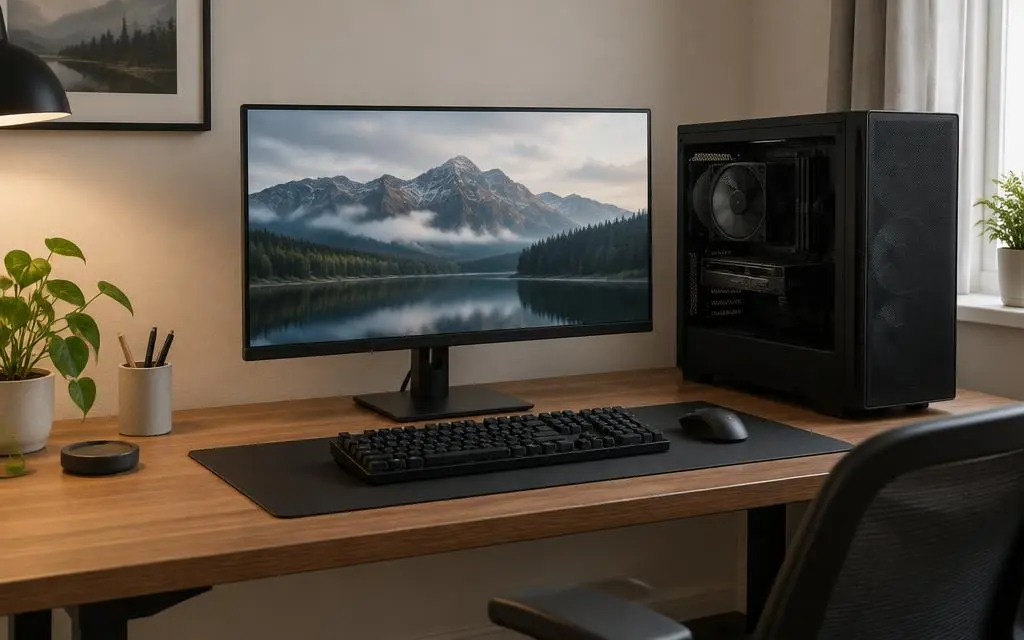 Desktop gaming PC tower and monitor on a tidy wooden desk