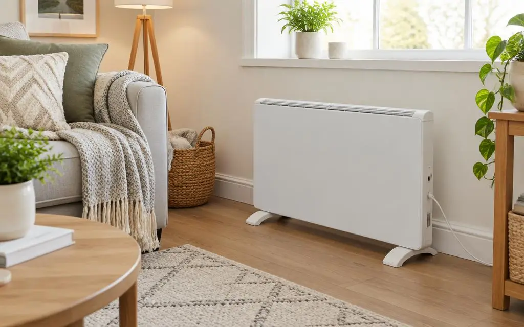 White electric panel heater in a bright living room corner