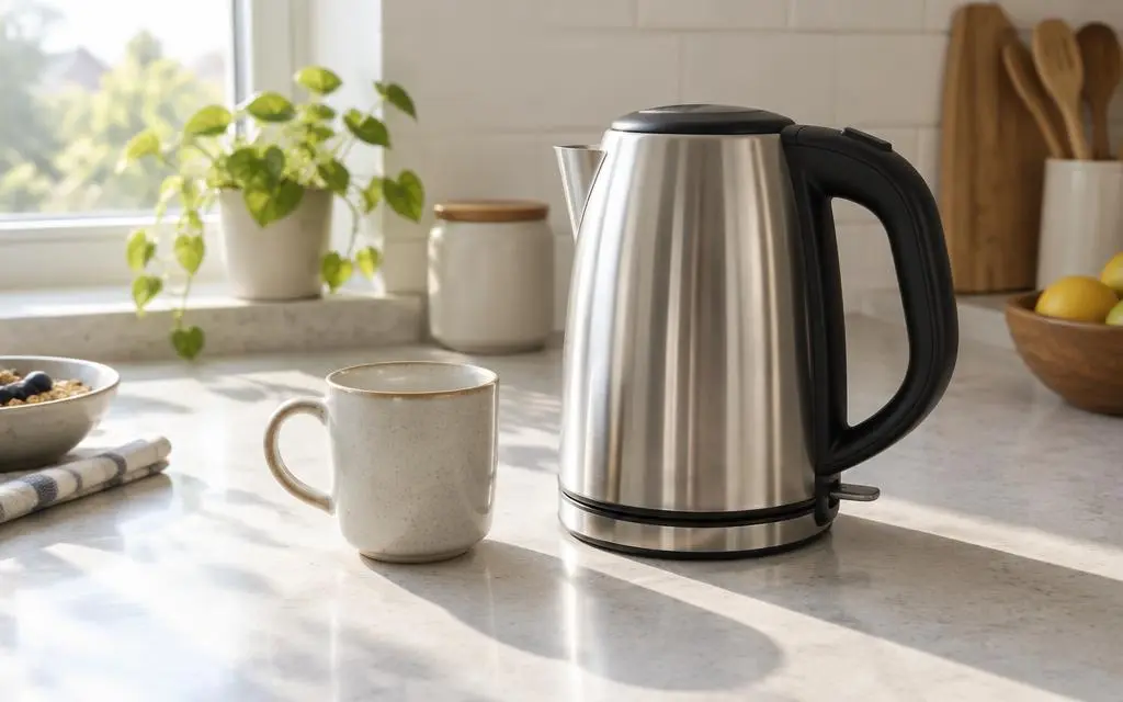 Stainless steel electric kettle beside a mug on a kitchen worktop