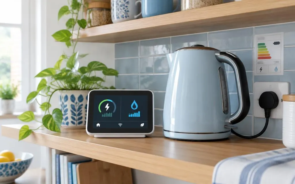 Smart meter display beside a plugged-in kettle on a kitchen shelf