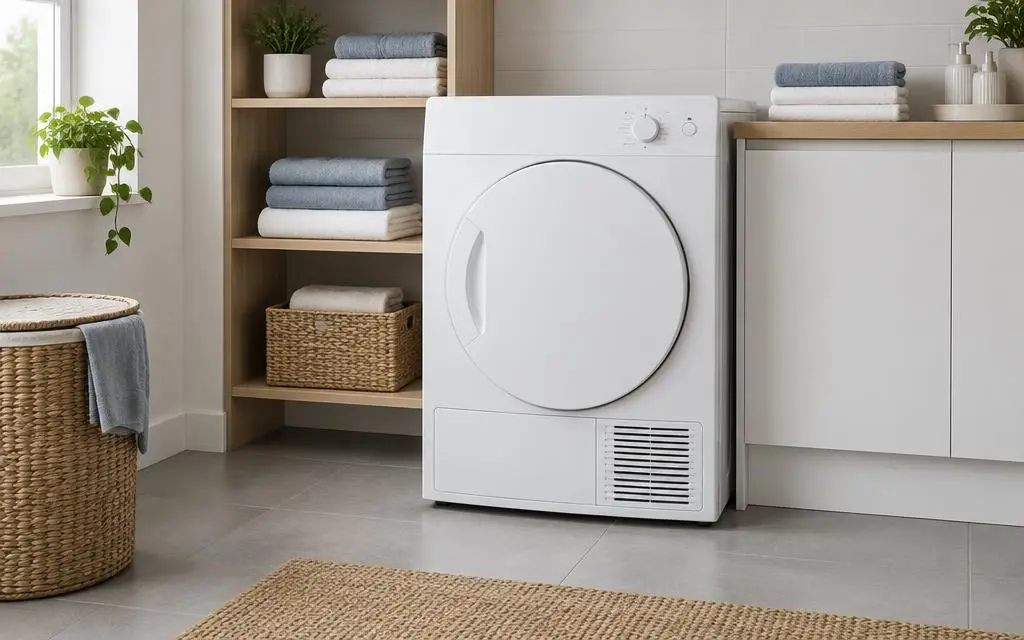 White tumble dryer next to shelves of folded towels