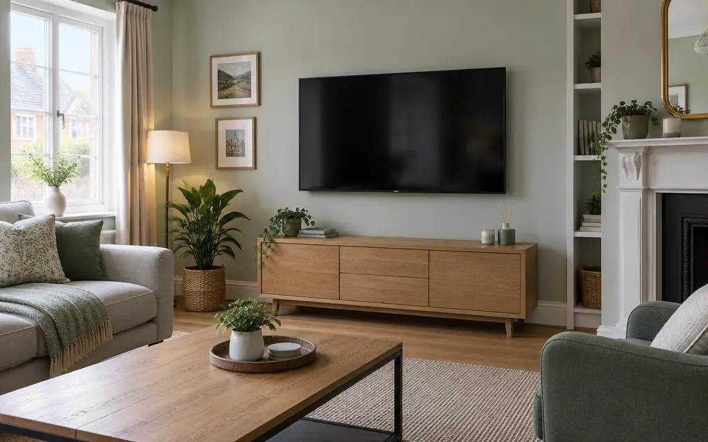 Wall-mounted television above a wooden cabinet in a calm living room