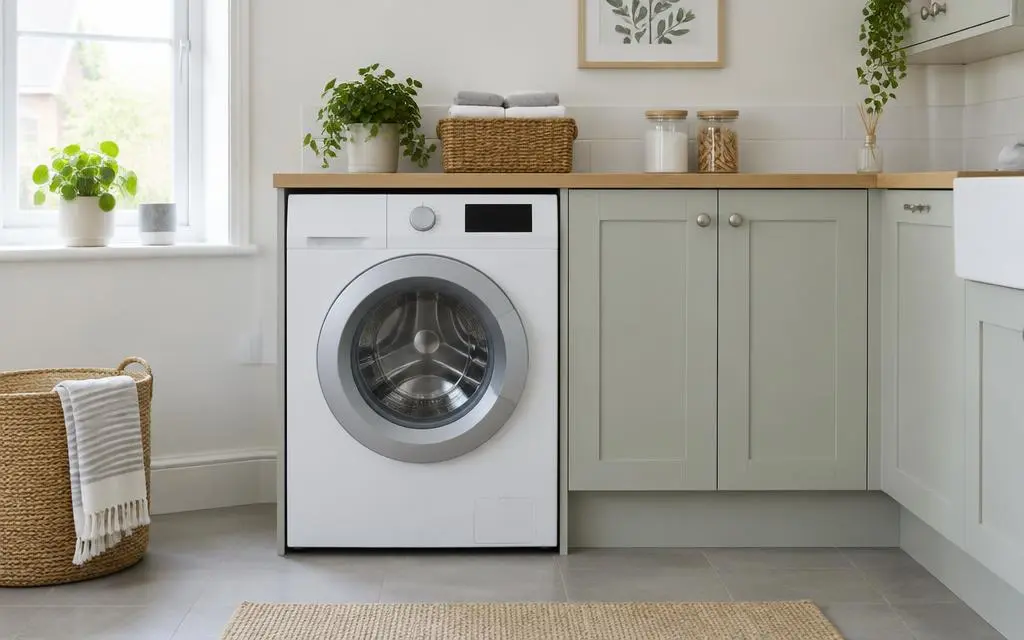 White front-loading washing machine in a bright utility room